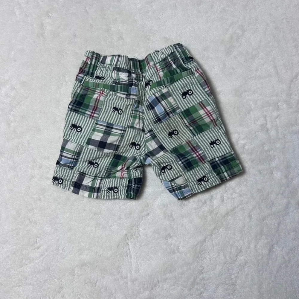 Gymboree Boys‎ Tractor Green Blue Plaid Shorts Sz 18-24 M Farming Country Farmer